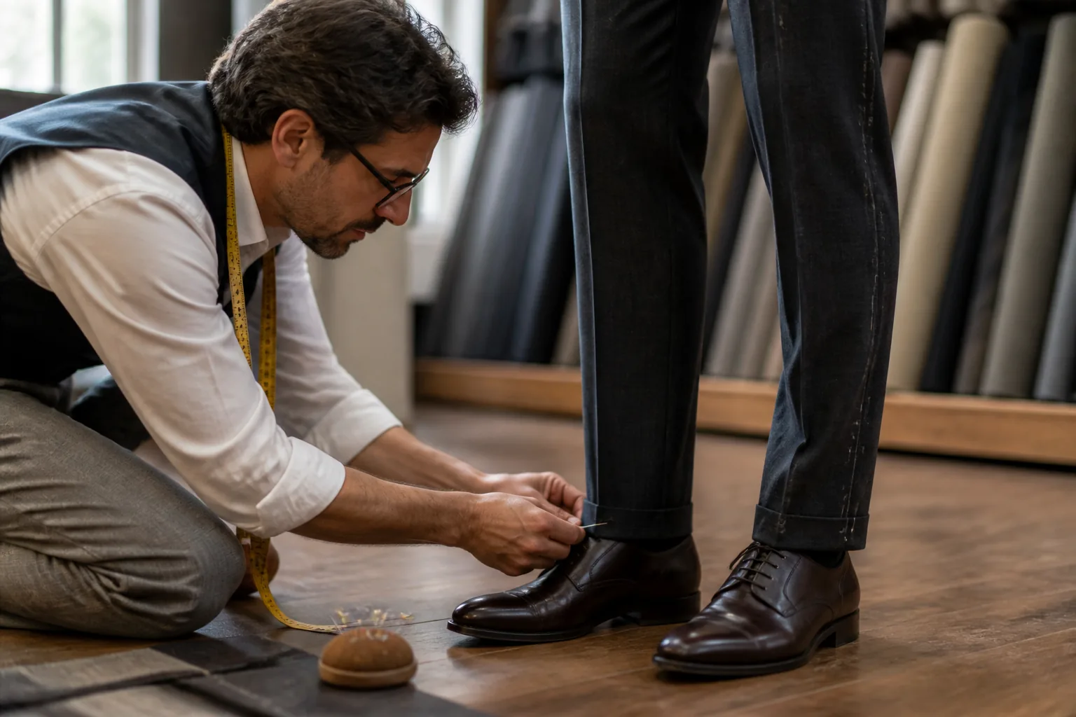 Tailor pinning a suit trouser hem to correct the break